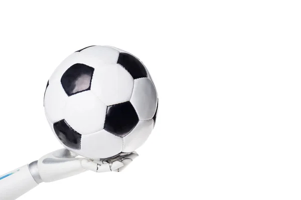 Plan recadré de robot tenant ballon de football isolé sur blanc — Photo de stock