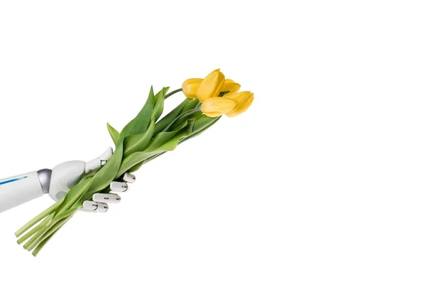 Tiro recortado de robot que presenta ramo de tulipanes amarillos aislados en blanco - foto de stock