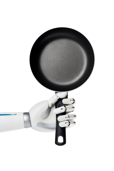 Обрезанный снимок робота, держащего сковородку, изолированную на белом — стоковое фото