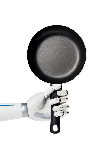 Tiro recortado de robot sosteniendo sartén aislado en blanco — Stock Photo