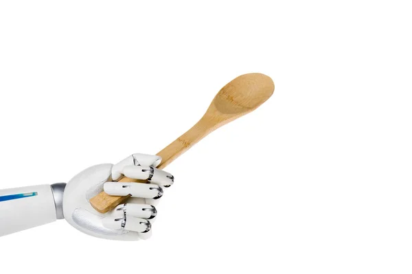 Cropped shot of robot holding wooden spoon isolated on white — Stock Photo