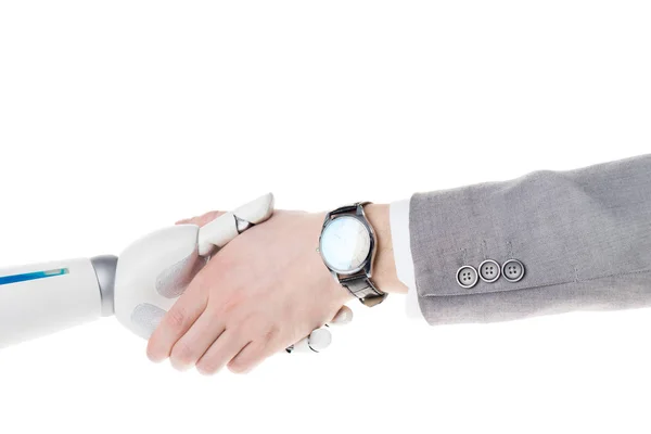 Abgeschnittene Aufnahme von Roboter und Geschäftsmann beim Händeschütteln isoliert auf weiß — Stockfoto