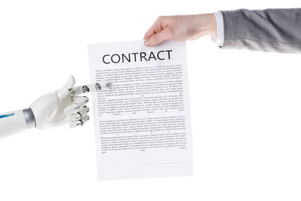 Cropped shot of robot pointing at business contract in hand of businessman isolated on white — Stock Photo