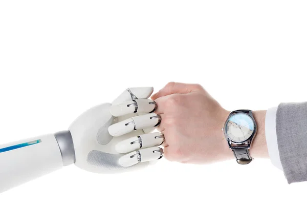 Обрізаний знімок робота і бізнесмена, що робить жест брового кулака ізольовано на білому — стокове фото