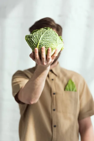 Obscured view of man showing savoy cabbage in hand — Stock Photo