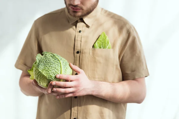 Partial view of man with fresh savoy cabbage in hands, vegan lifestyle concept — Stock Photo
