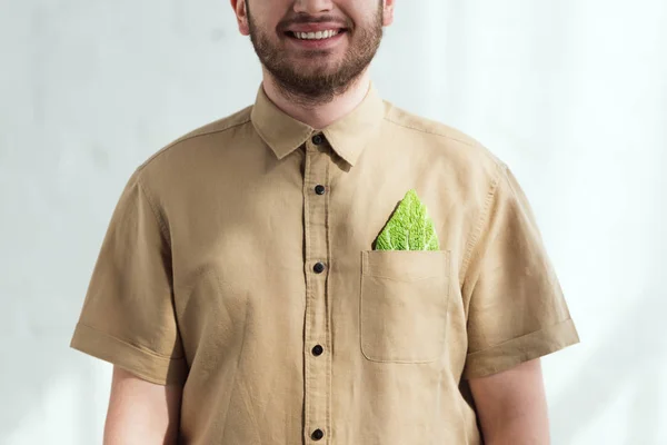 Recortado disparo de hombre sonriente con hoja de col savoy en el bolsillo, concepto de estilo de vida vegano — Stock Photo