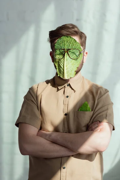 Obscured view of man with savoy cabbage leaf and eyeglasses on face, vegan lifestyle concept — Stock Photo