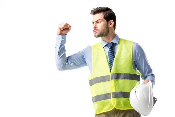 Trabajador de la construcción seguro en chaleco reflectante aislado en blanco - foto de stock