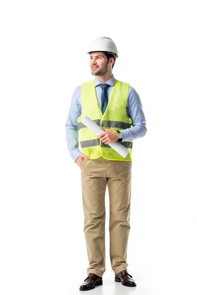 Smiling builder in reflective vest holding blueprint isolated on white — Stock Photo