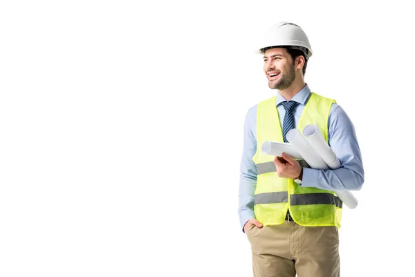 Fröhlicher Bauarbeiter in reflektierender Weste und Helm mit Bauplänen auf weißem Grund — Stockfoto