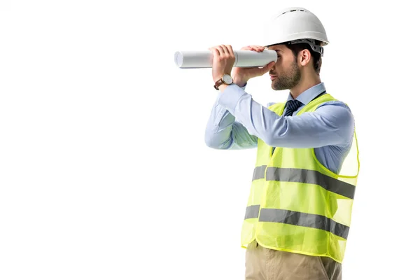 Architect in reflective vest looking through blueprint isolated on white — Stock Photo