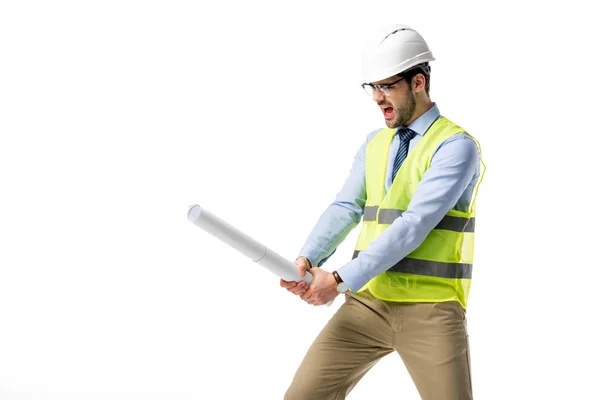 Builder in reflective vest and helmet holding blueprint as a sword isolated on white — Stock Photo