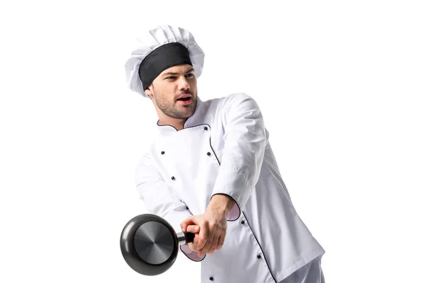 Retrato de jovem chef com frigideira isolada em branco — Fotografia de Stock