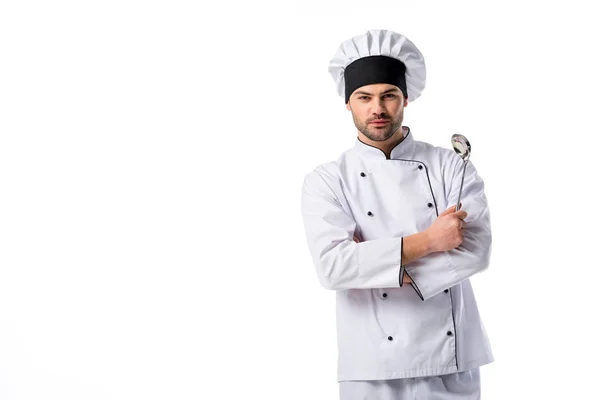 Portrait de chef avec louche à soupe à la main isolé sur blanc — Photo de stock