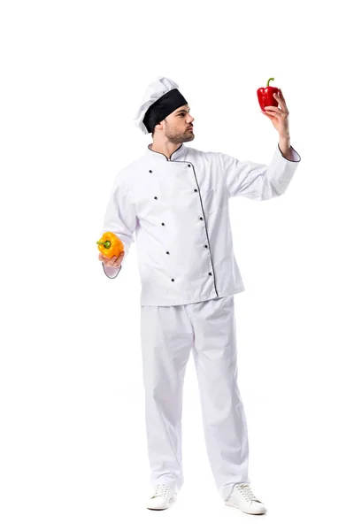 Joven chef en uniforme con pimientos frescos en manos aisladas en blanco - foto de stock