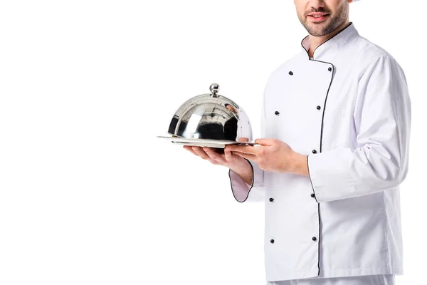 Vista parziale dello chef con vassoio da portata isolato su bianco — Foto stock