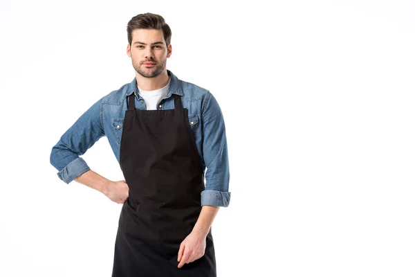 Portrait of young bearded waiter in apron standing akimbo isolated on white — Stock Photo