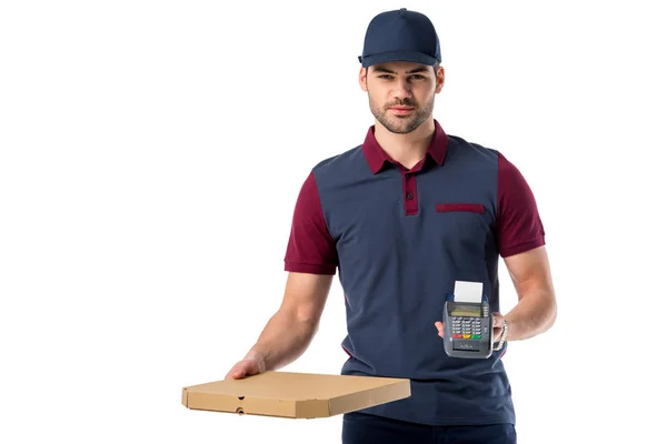 Delivery man with cardboard pizza box and cardkey reader in hands isolated on white — Stock Photo