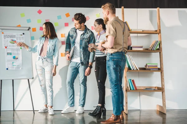 Colleghi d'affari professionisti uomini e donne che ascoltano la presentazione in ufficio moderno — Foto stock