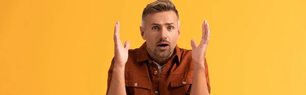 Panoramic shot of shocked man gesturing while looking at camera isolated on orange — Stock Photo