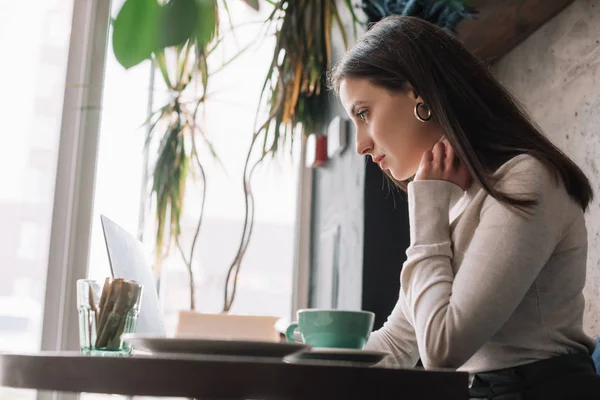 Selective focus of green plants and freelancer using laptop in coffee shop — Stock Photo