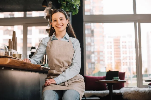 Smiling barista in apron sitting near bar counter — Stock Photo