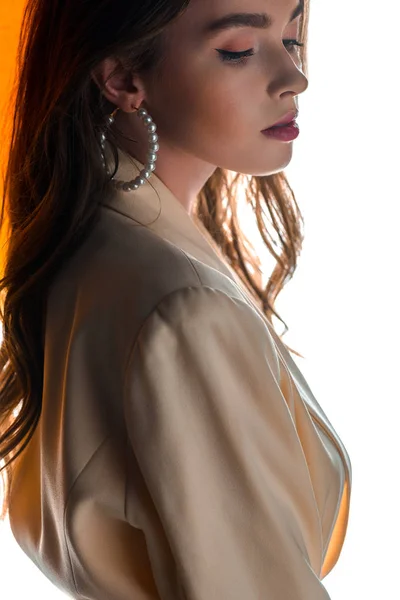 Beautiful young woman standing on white — Stock Photo