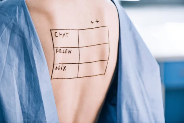 Cropped view of woman with lettering on back — Stock Photo