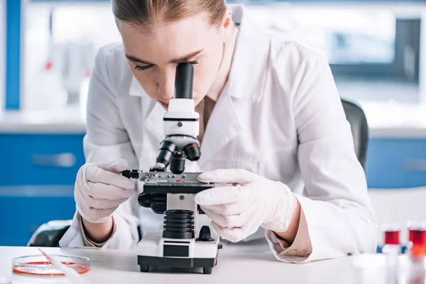 Imunologista atraente olhando através do microscópio em laboratório — Fotografia de Stock