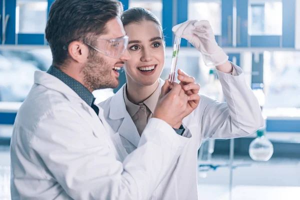 Bioquímicos felices mirando el tubo de ensayo con planta verde en laboratorio - foto de stock