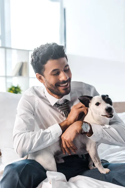 Sorridente uomo d'affari bi-razziale accarezzando Jack Russell Terrier al mattino a casa — Foto stock