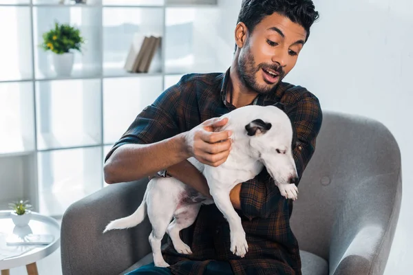 Sorprendido y guapo bi-racial hombre sosteniendo Jack Russell Terrier - foto de stock