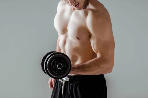 Vista recortada de culturista muscular sexy con torso desnudo haciendo ejercicio con mancuerna aislada en gris - foto de stock