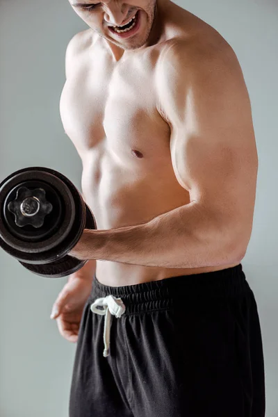 Vista recortada del tenso musculoso musculoso constructor con torso desnudo haciendo ejercicio con mancuerna aislada en gris - foto de stock