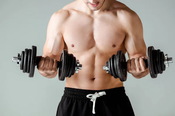 Partial view of sexy muscular bodybuilder with bare torso exercising with dumbbells isolated on grey — Stock Photo