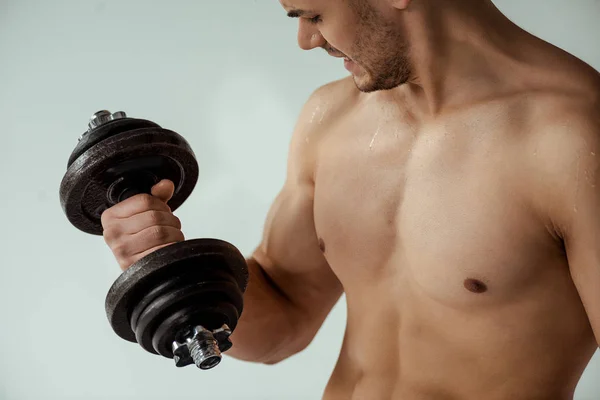 Sweaty tense muscular bodybuilder with bare torso working out with dumbbell isolated on grey — Stock Photo