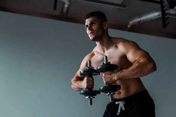 Visão de baixo ângulo do fisiculturista muscular tenso com tronco nu trabalhando com halteres — Fotografia de Stock