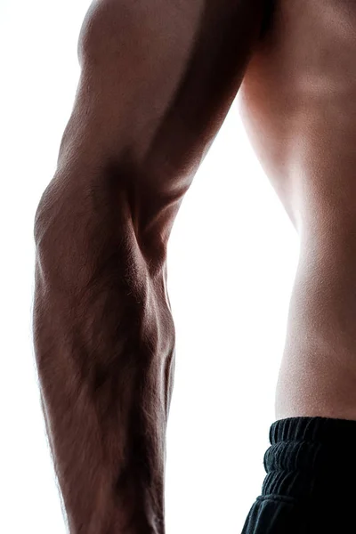 Vista ritagliata del bodybuilder muscolare mano in ombra isolato su bianco — Foto stock