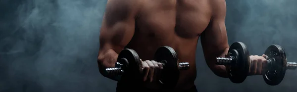 Ausgeschnittene Ansicht eines sexy muskulösen Bodybuilders mit nacktem Oberkörper beim Ausschneiden mit Kurzhanteln auf schwarz mit Rauch, Panoramaaufnahme — Stockfoto