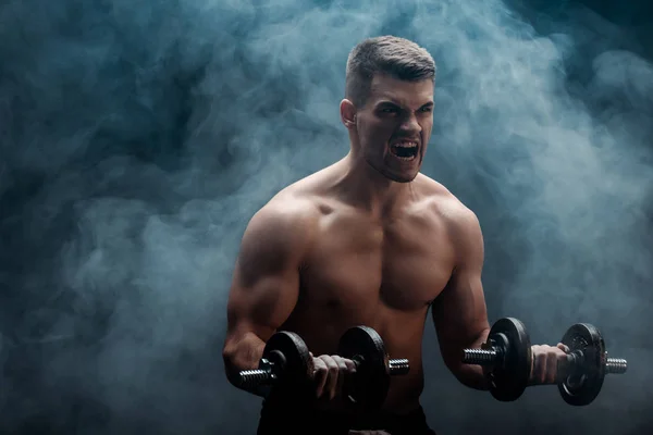 Tense sexy muscular bodybuilder with bare torso excising with dumbbells on black background with smoke — Stock Photo