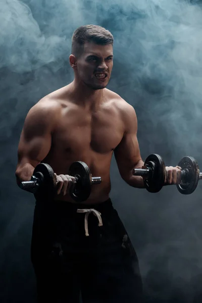 Sexy musculoso culturista con torso desnudo extirpando con mancuernas sobre fondo negro con humo - foto de stock