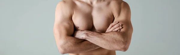 Sexy musculoso culturista con torso desnudo posando con brazos cruzados aislados en gris, tiro panorámico - foto de stock