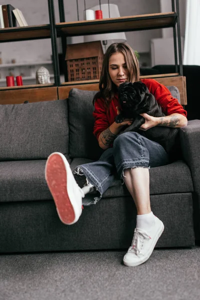Selective focus of attractive woman with leg prosthesis petting pug dog on sofa — Stock Photo