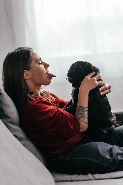 Side view of young woman sticking out tongue to pug dog on sofa — Stock Photo