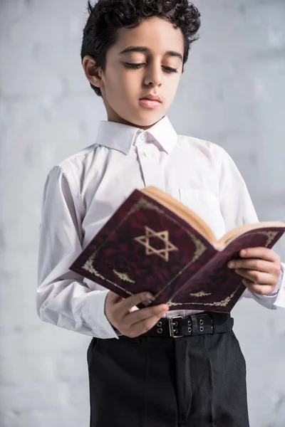 Mignon garçon juif en chemise blanche lecture tanakh — Photo de stock