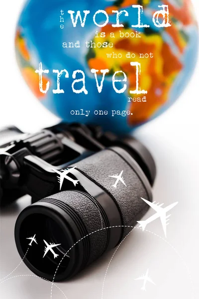 Selective focus of black binoculars near world is a book and those who do not travel read only one page letters on white — Stock Photo