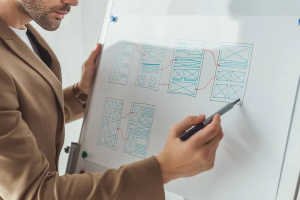 Ausgeschnittene Ansicht des Designers, der Layouts der UX-App-Oberfläche auf dem Whiteboard im Büro skizziert — Stockfoto