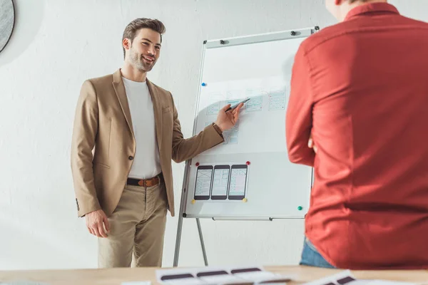 Enfoque selectivo del diseñador sonriente desarrollando bocetos del sitio web ux en pizarra blanca con su colega en la oficina - foto de stock