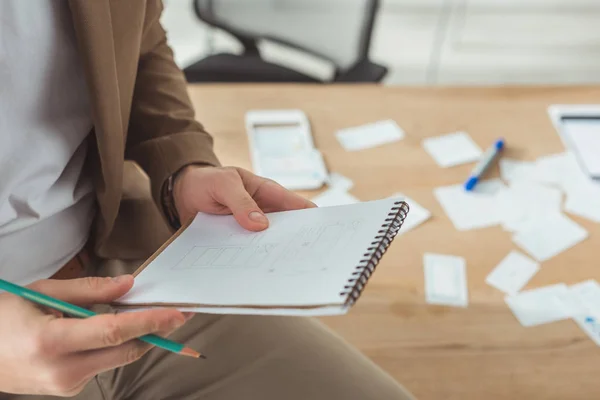 Cropped view of designer sketching with user experience design by table — Stock Photo
